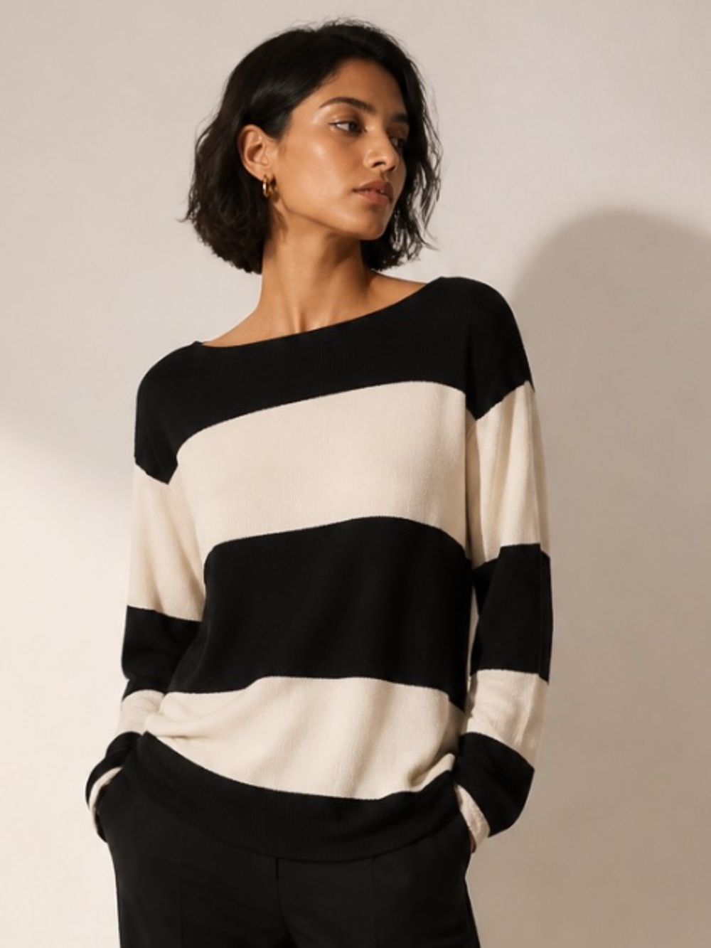 J CREW #97868 Sweater Pullover Rugby Stripe Boatneck Top Drapey Black White